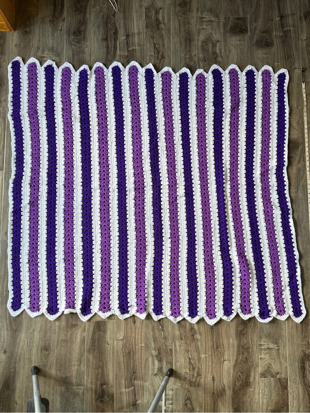 Handmade Striped Crochet Blanket w Scalloped Edge in Purple and White Throw